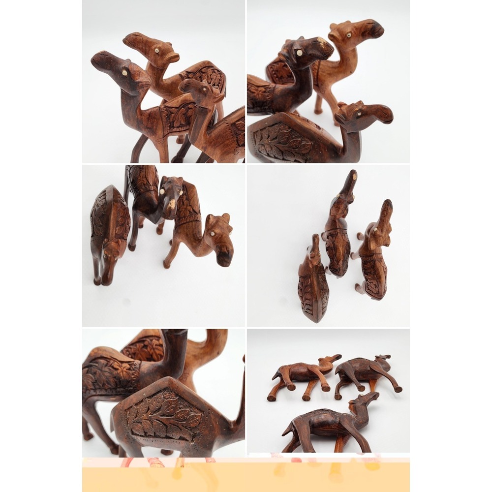 Vintage Hand Carved Standing Wood Camel Sculptures Set Of 3 Bead Eyes Intricate - Picture 8 of 16